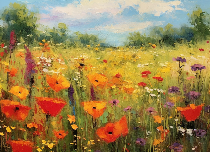 春天夏天天气晴朗森林草地上野花花簇花朵盛开着手绘油画插画,插画/手绘图,插画/手绘图库,插画/手绘图下载,插画/手绘